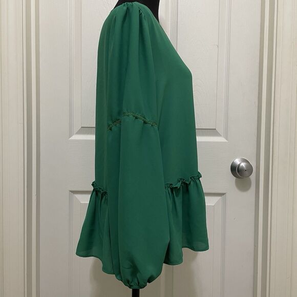 PLEIONE Blouse V-Neck Lantern Sleeve Shirt Green Womens Medium Flowy Boho Ruffle - Picture 2 of 10